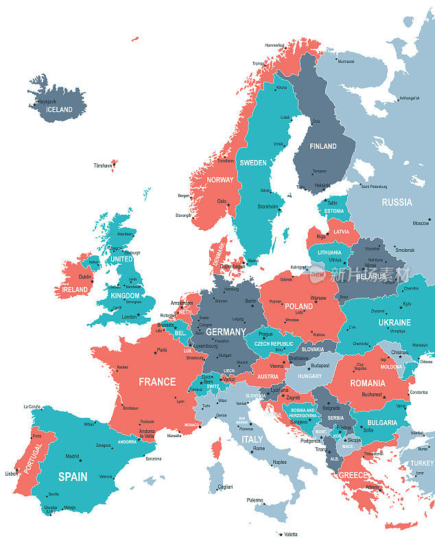 欧洲地图。欧洲矢量彩色地图