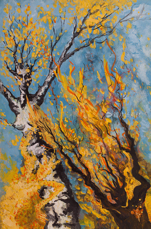 时尚的秋天插画现代艺术我的油画上的原创讽喻垂直的象征画超现实主义的风景秋天舞蹈的树在男人和女人的形式爱情宣言黄叶在发光的形式