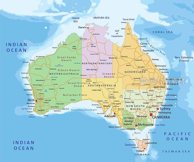澳大利亚-高度详细的编辑政治地图。