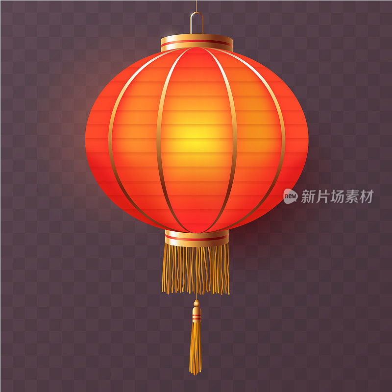 红色传统中国灯笼孤立在透明的背景。中国新年纸灯笼与黄金口音。亚洲风格的节日装饰元素。矢量插图。