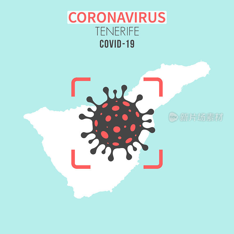 特内里费地图，红色取景器显示冠状病毒细胞(COVID-19)