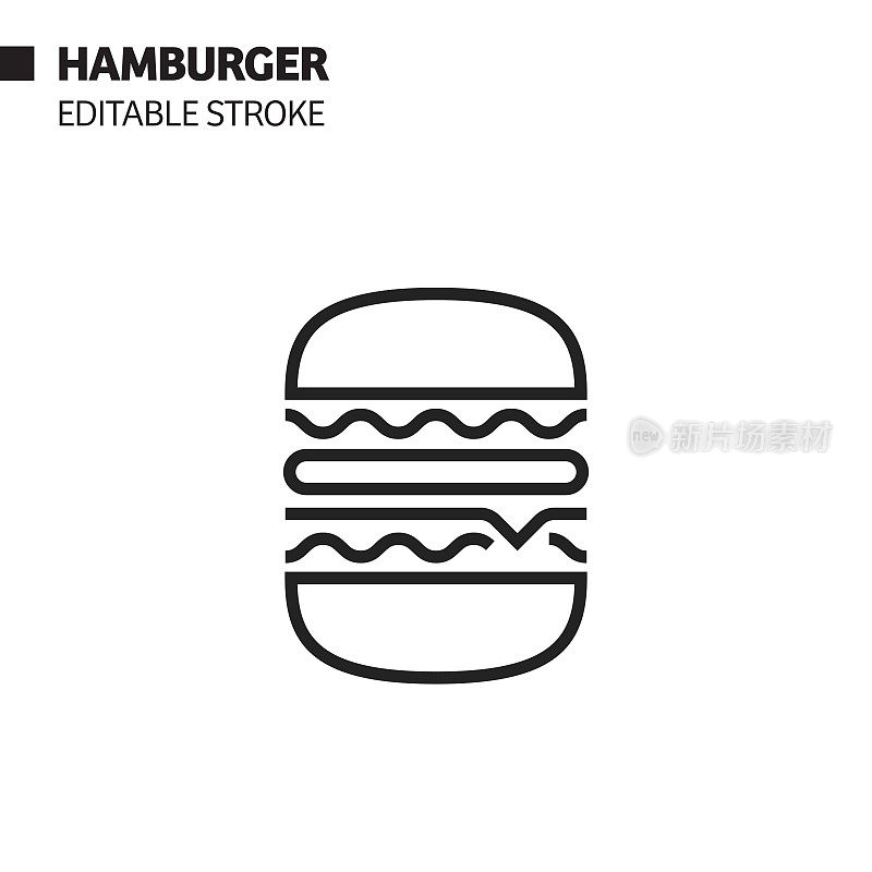 汉堡线图标，轮廓矢量符号插图。完美像素，可编辑的描边。
