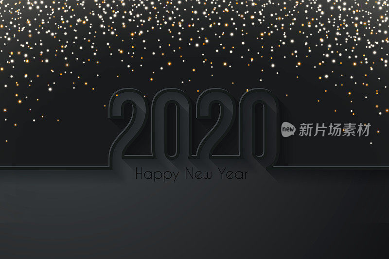 2020年新年快乐，金色闪光-黑色背景