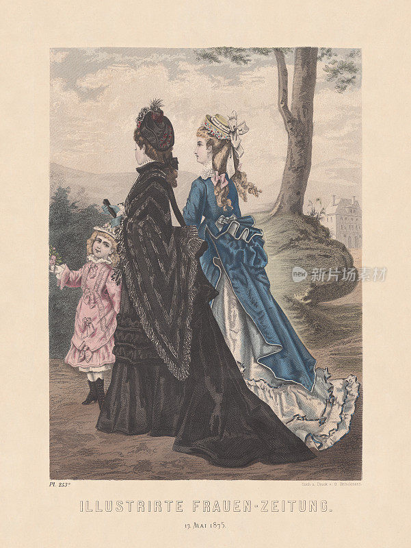 女性时尚，手工着色木刻，1875年出版