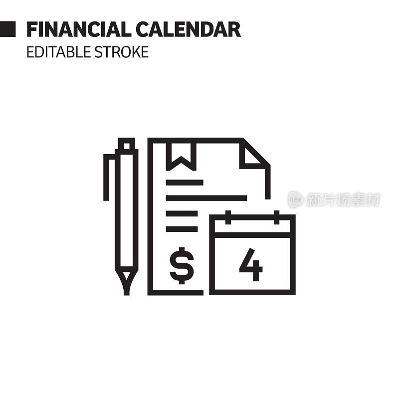 财务日历线图标，轮廓矢量符号插图。完美像素，可编辑的描边。