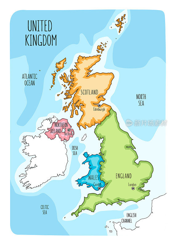 手绘的英国地图，包括英格兰，威尔士，苏格兰和北爱尔兰