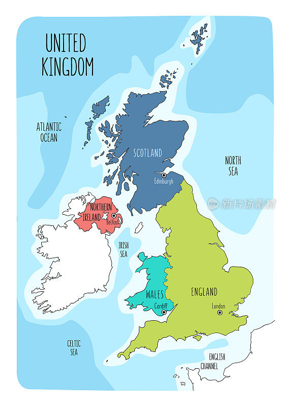 手绘的英国地图，包括英格兰，威尔士，苏格兰和北爱尔兰