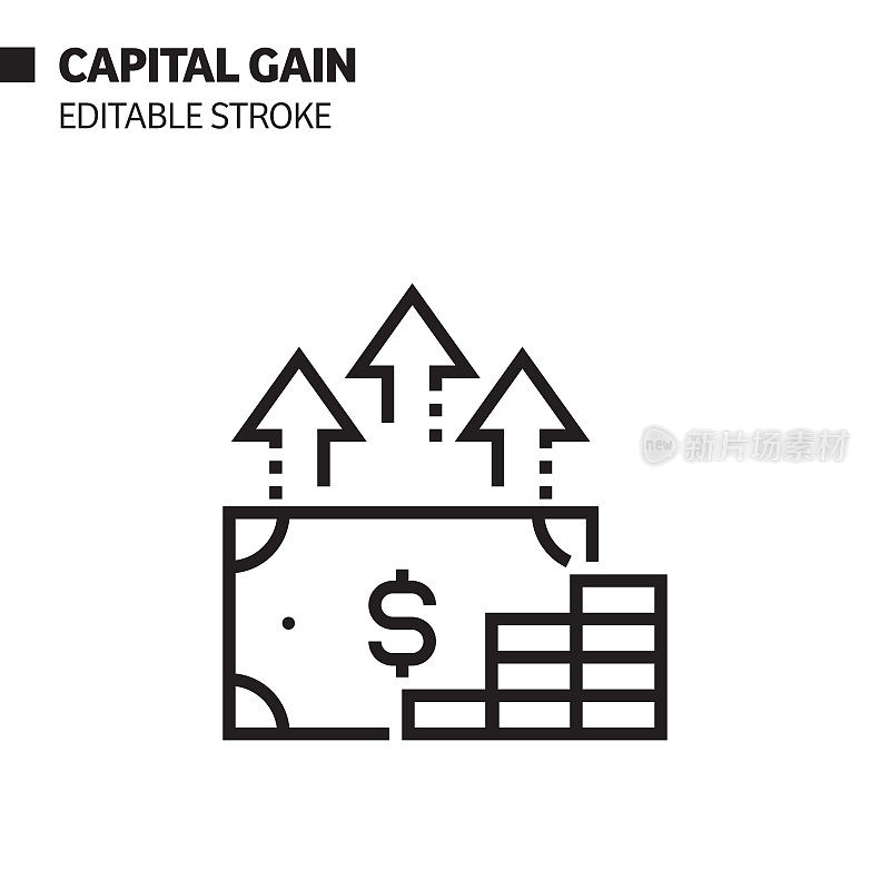 资本收益线图标，轮廓矢量符号插图。完美像素，可编辑的描边。