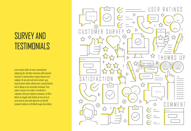 调查和奖状相关线设计风格网站横幅矢量插图
