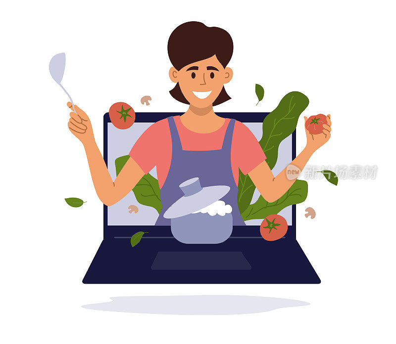 烹饪视频博客或频道与微笑的女孩准备健康的食物和看着笔记本电脑屏幕
