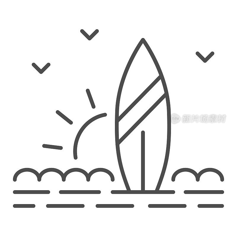 冲浪板和海滩日落细线图标，夏天的概念，在白色的背景冲浪标志，冲浪板上的沙图标在移动概念和网页设计的轮廓风格。矢量图形。