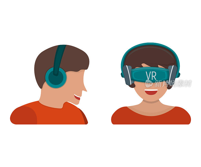 男性在游戏耳机和女性在虚拟现实设备与vr眼镜隔离在白色，平面矢量插图。概念娱乐现代科技。