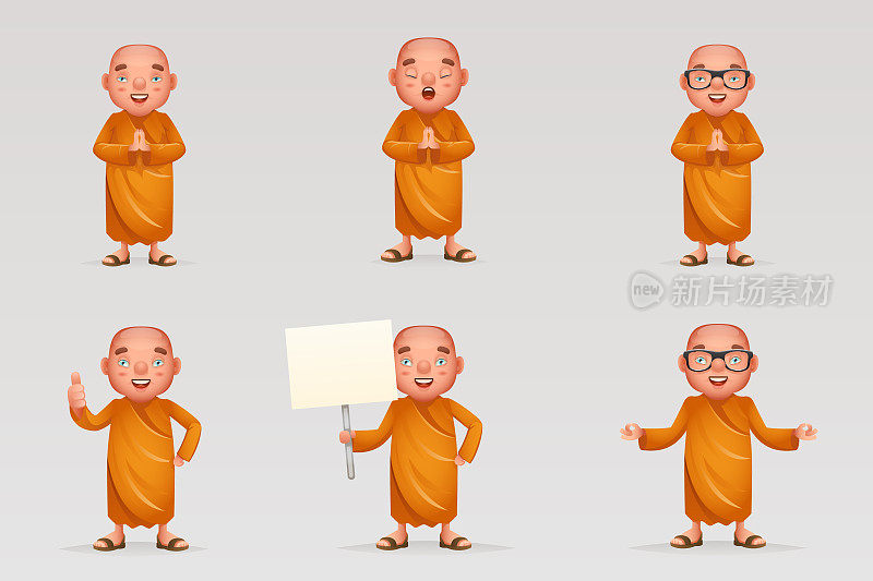 佛教可爱的僧人传统亚洲佛教文化宗教卡通三维逼真的人物图标设计集矢量插图