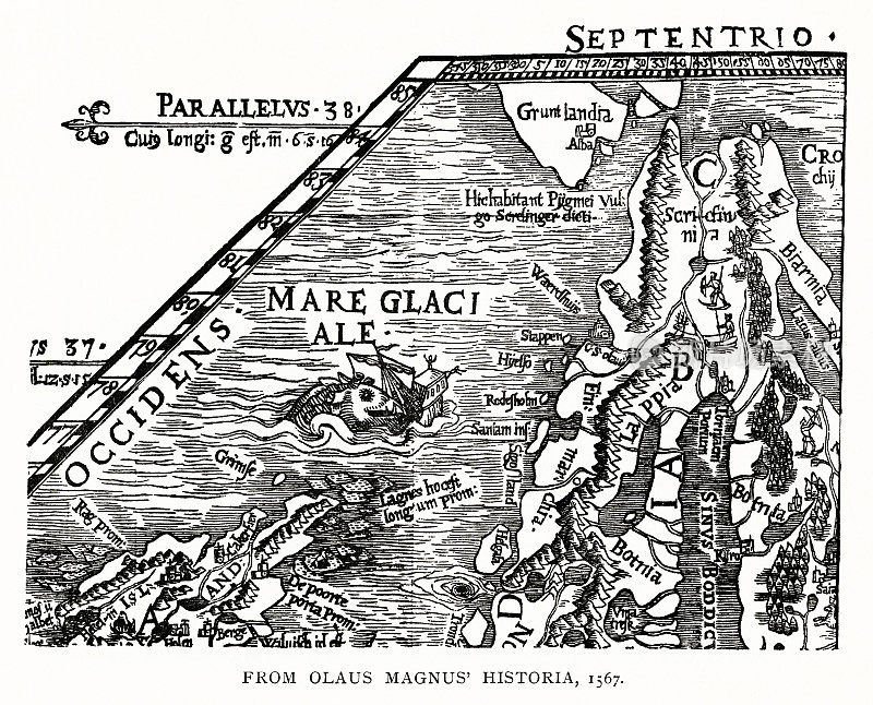 1567年的北大西洋和斯堪的纳维亚半岛地图