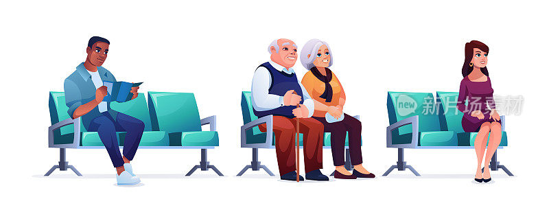 候车室里，人们坐在椅子上孤立地排着白。病媒老年夫妇、男女医疗保健门诊病人等着轮到自己。银行客户，旅行者，社交距离