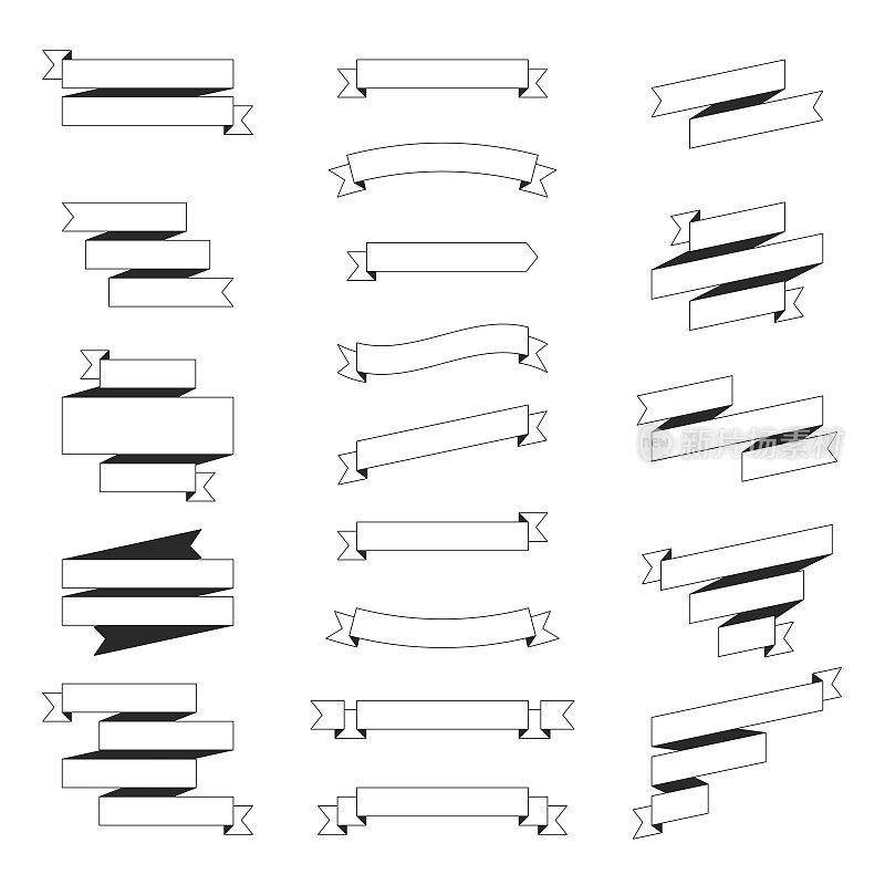 一套丝带，横幅(轮廓，线条艺术)-设计元素在白色的背景