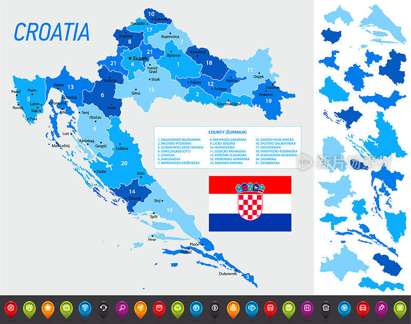 克罗地亚地图与地区，导航图标和国旗。文件包含可编辑的分离区域