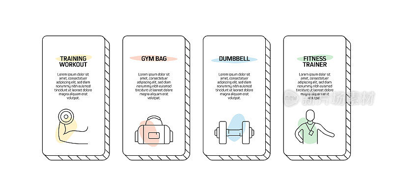 健身和锻炼相关的过程信息图表模板。过程时间图。使用线性图标的工作流布局