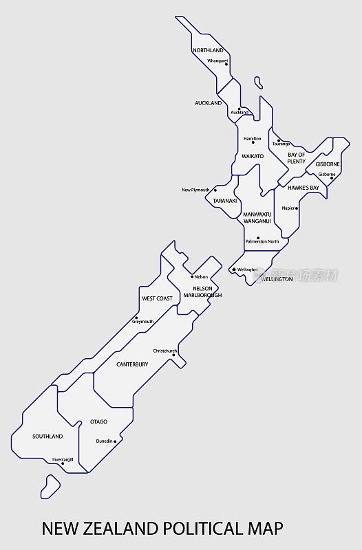 新西兰政治地图按州划分，色彩鲜艳，轮廓简洁，风格。