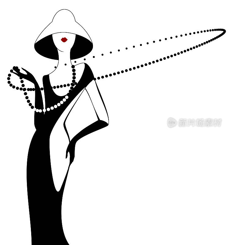 时髦的妇女戴着黑帽子和珍珠项链