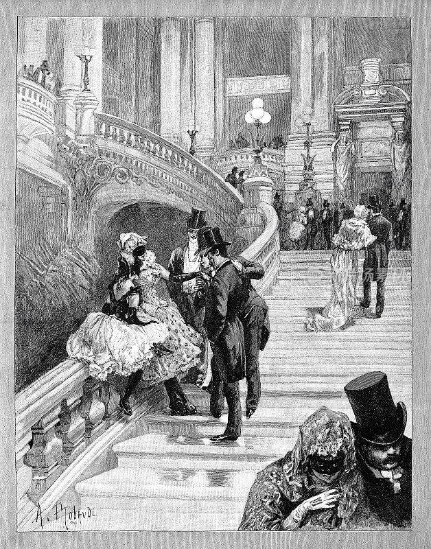巴黎歌剧院的化装舞会，人们在楼梯上