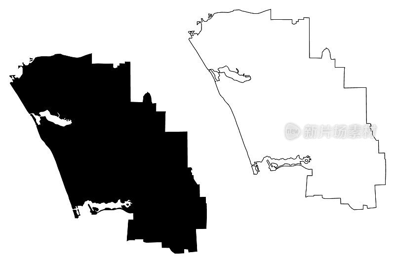 美国加利福尼亚州卡尔斯巴德市(美国城市、美国城市、美国城市)地图矢量插图，涂鸦草图卡尔斯巴德市地图