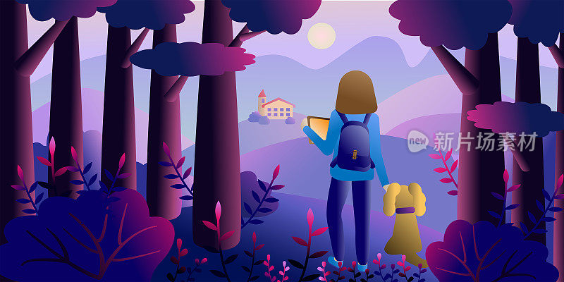 一个女人和一只狗在森林里散步。女孩背着背包，带着一只狗站在森林空地上，欣赏日落时的山村。矢量插图的一个傍晚的景观在一个卡通。横幅