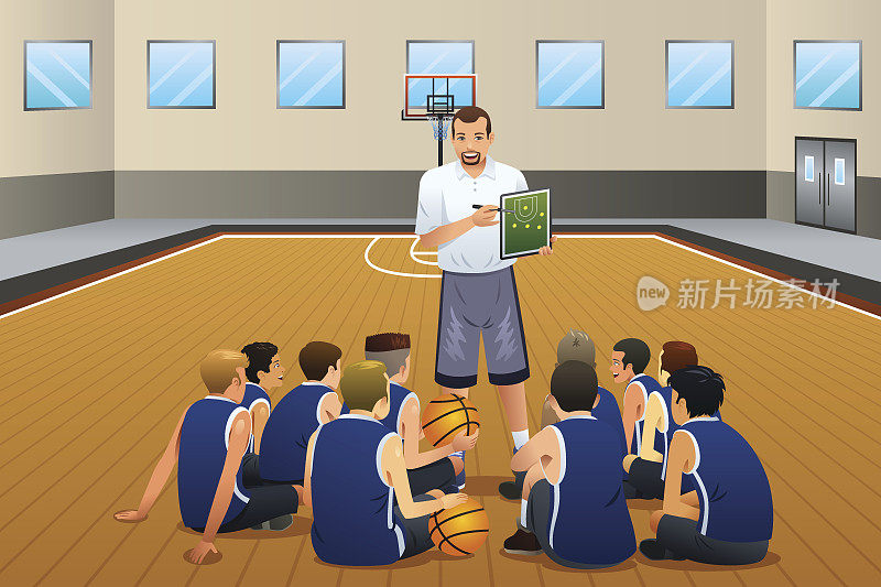 篮球教练在场上与球员交谈