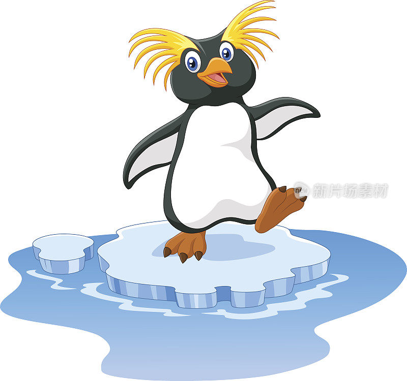 快乐的卡通企鹅跳岩在冰上