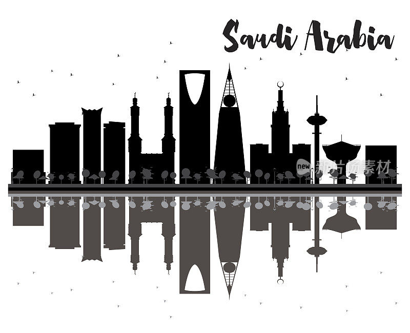 沙特阿拉伯的天际线是黑白的剪影。