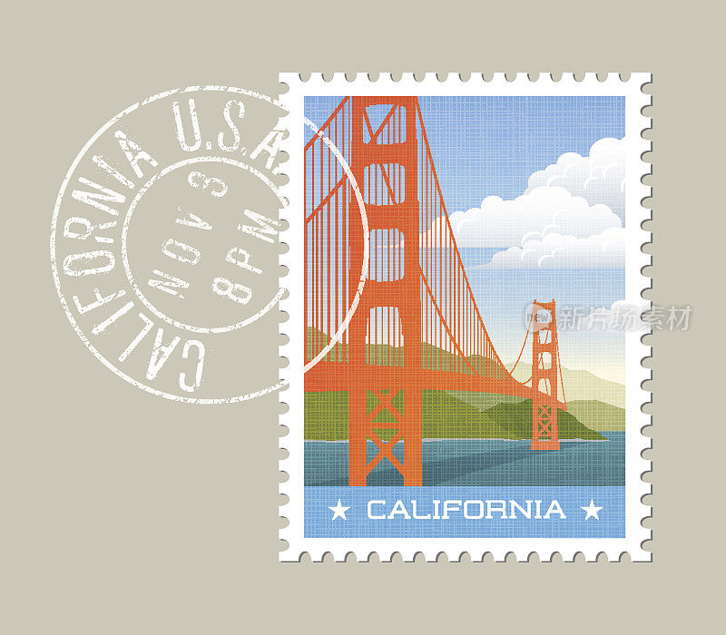 加州邮票设计。矢量插图的金门大桥。