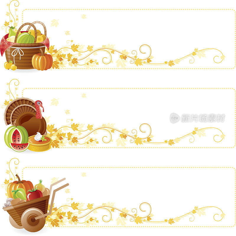 秋天的感恩节横幅设置:水果篮，火鸡，车轮