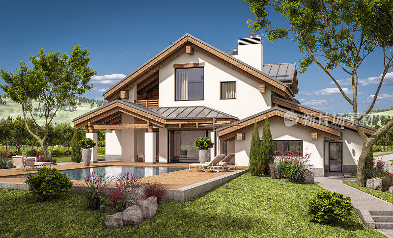 木屋风格的现代舒适住宅的3d渲染
