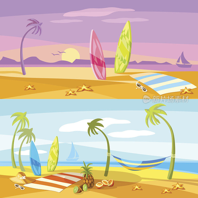 暑假日落海滩场景矢量卡通。一套向量夏季旅行横幅