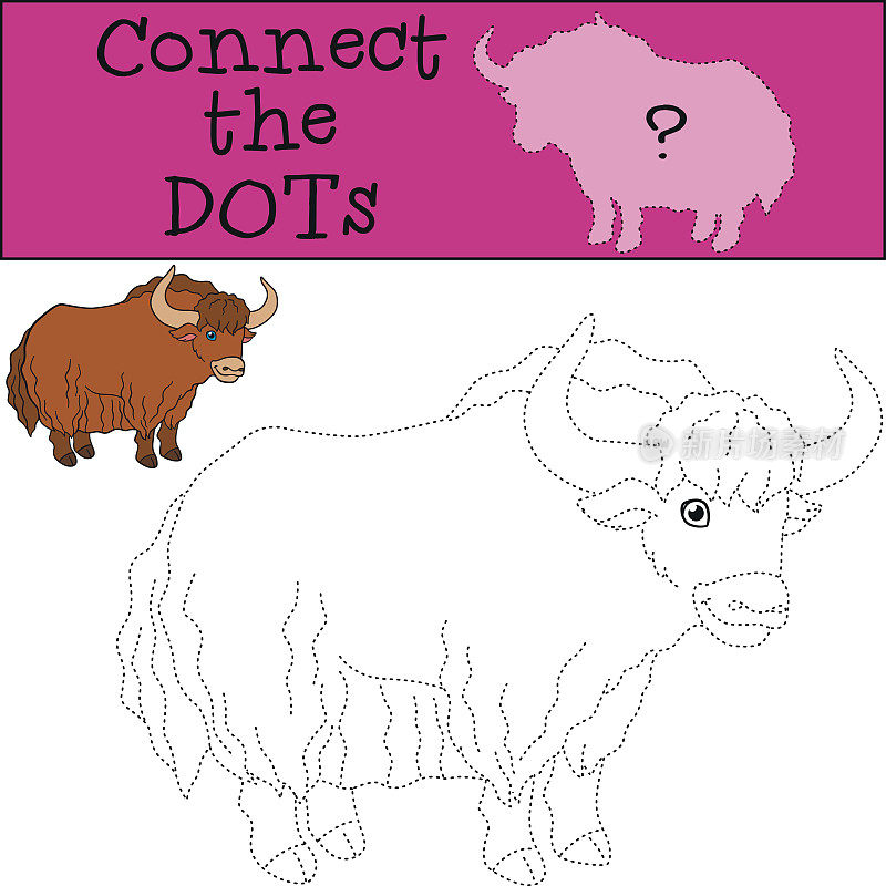 教育游戏:连接点。可爱美丽的牦牛。