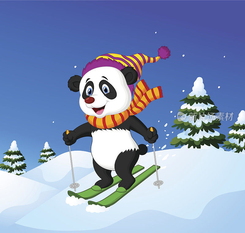 卡通熊猫滑下山坡