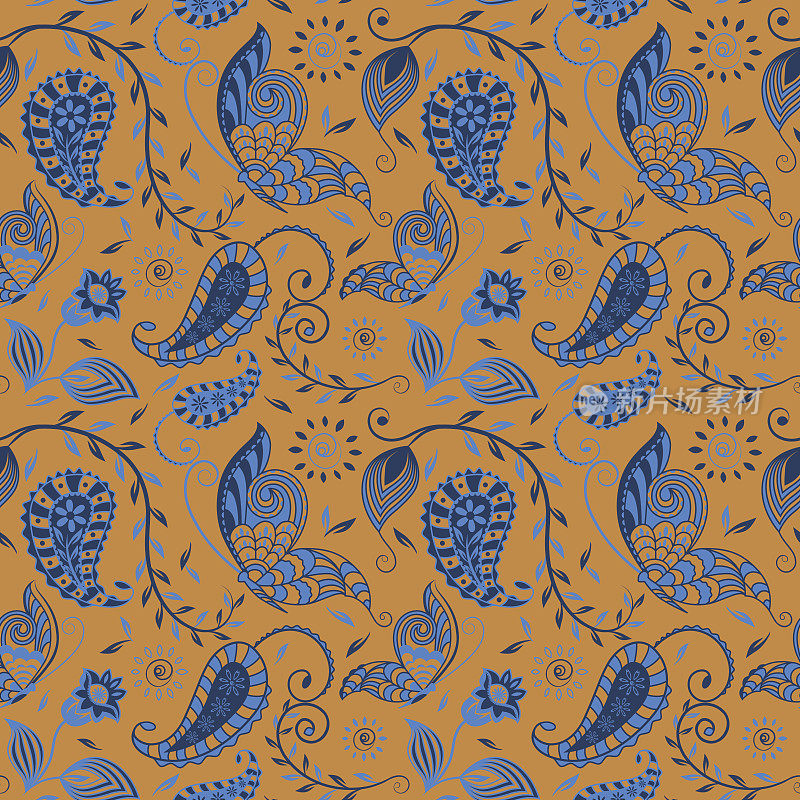Seamless_Paisley_Floral_Vine_Butterfly_Repeat_Pattern_Navy_Blue_on_Gold_Background