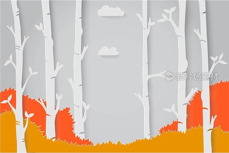 纸艺术折纸与季节变化的森林设计概念矢量插图
