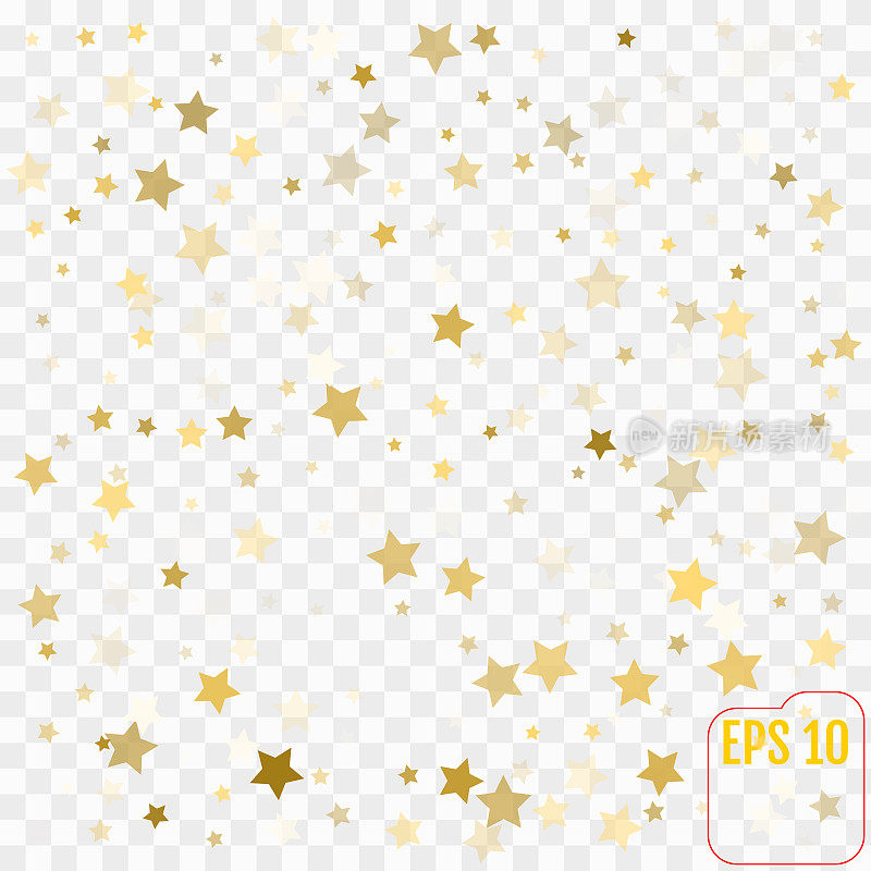 矢量金色的五彩纸屑透明的背景。极简的几何星星飘落的五彩纸屑。平坦的闪光。抽象的节日装饰。