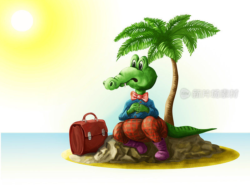 旅行。卡通鳄鱼在度假。无人居住的岛屿。
