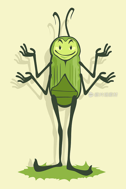 绿甲虫四手微笑卡通矢量插图