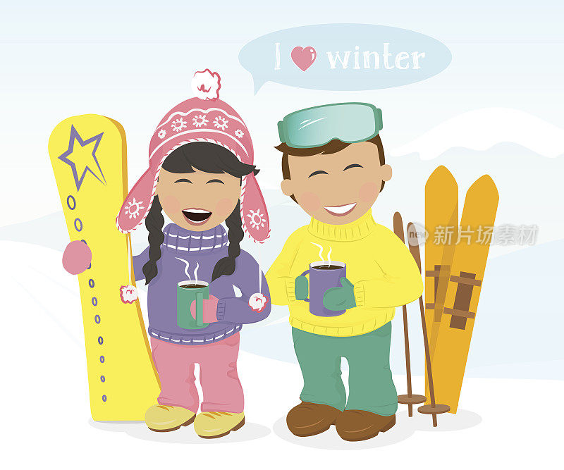 男孩和女孩用滑雪板和滑雪板喝咖啡。
