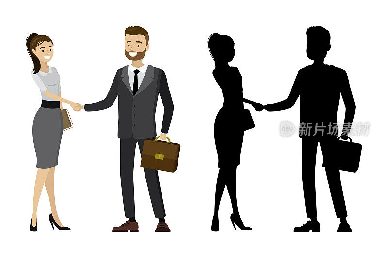 商务人士与男性和女性的剪影握手