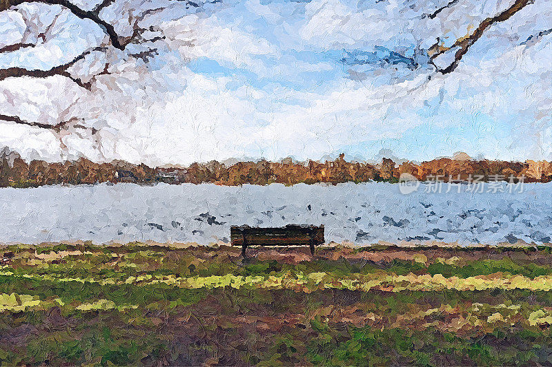 创意插图-孤独的公园长凳在一条河前-油画