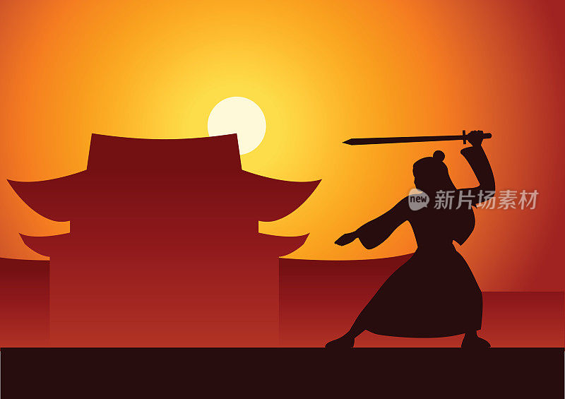 中国武侠列车在日落时分的中国古宅前互搏，剪影风格，矢量插图