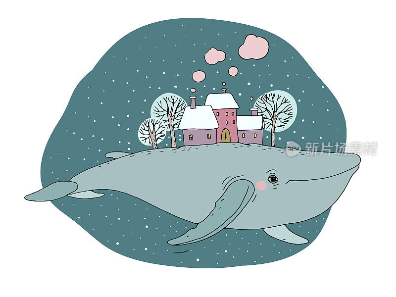 漂亮的大鲸鱼，后面有房子和树。