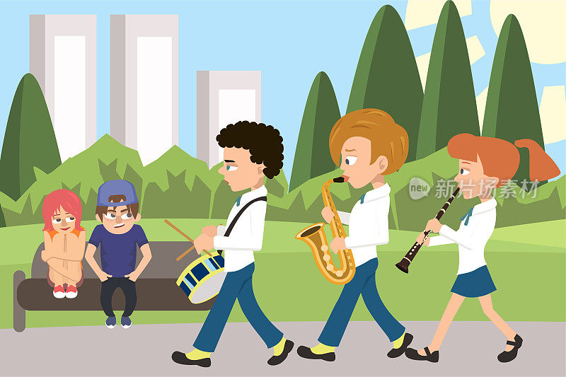 街道乐团在城市公园矢量卡通