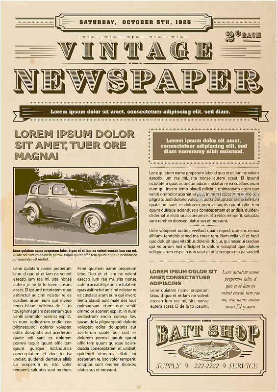 老式或老式的旧报纸布局包括头版与标题设计模板