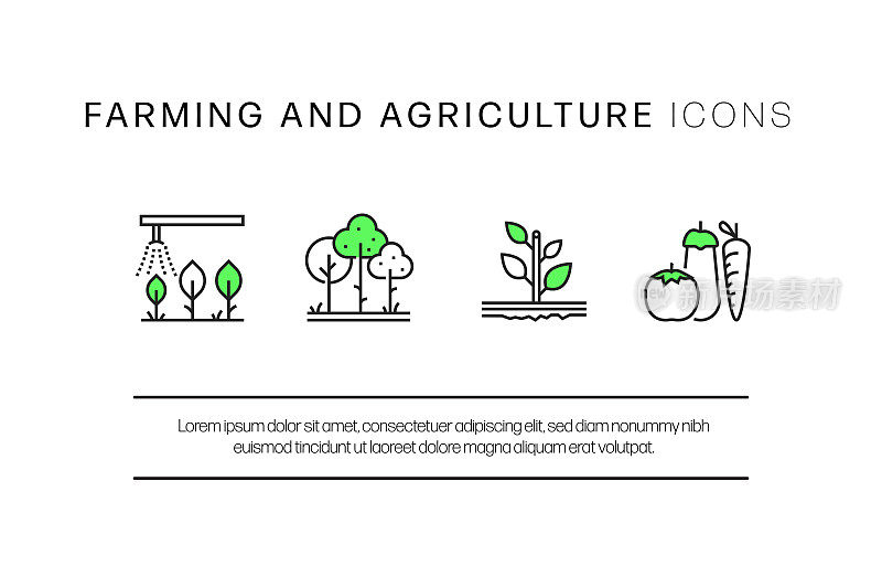 农业和农业相关的线图标，轮廓向量符号插图。