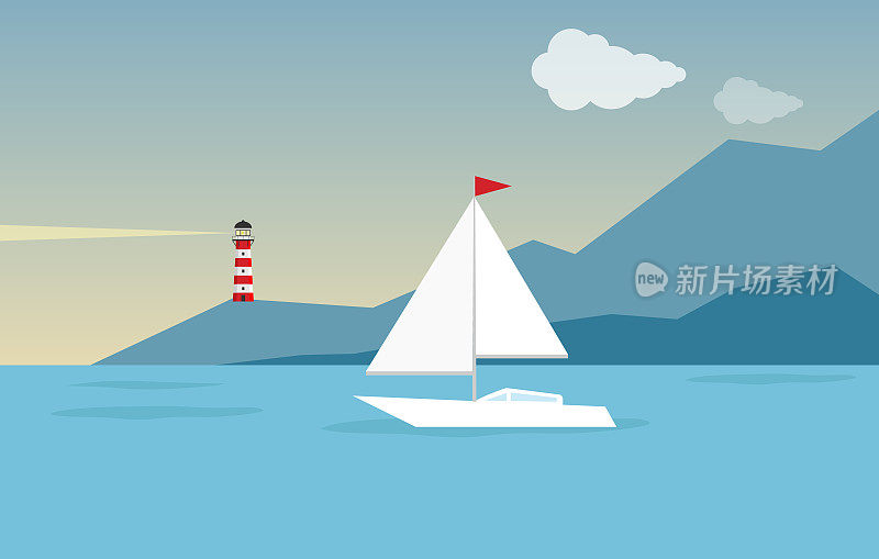 海景。白色的游艇映衬着大海、天空和群山。矢量插图。向量。